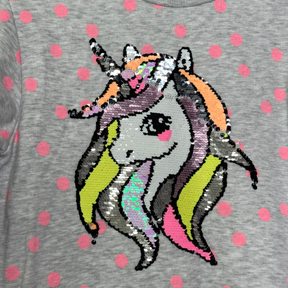 H&M Sweatshirt Girls 8/10 Heather Gray Pink Polka Dot Sequin Unicorn Pullover - Picture 2 of 6